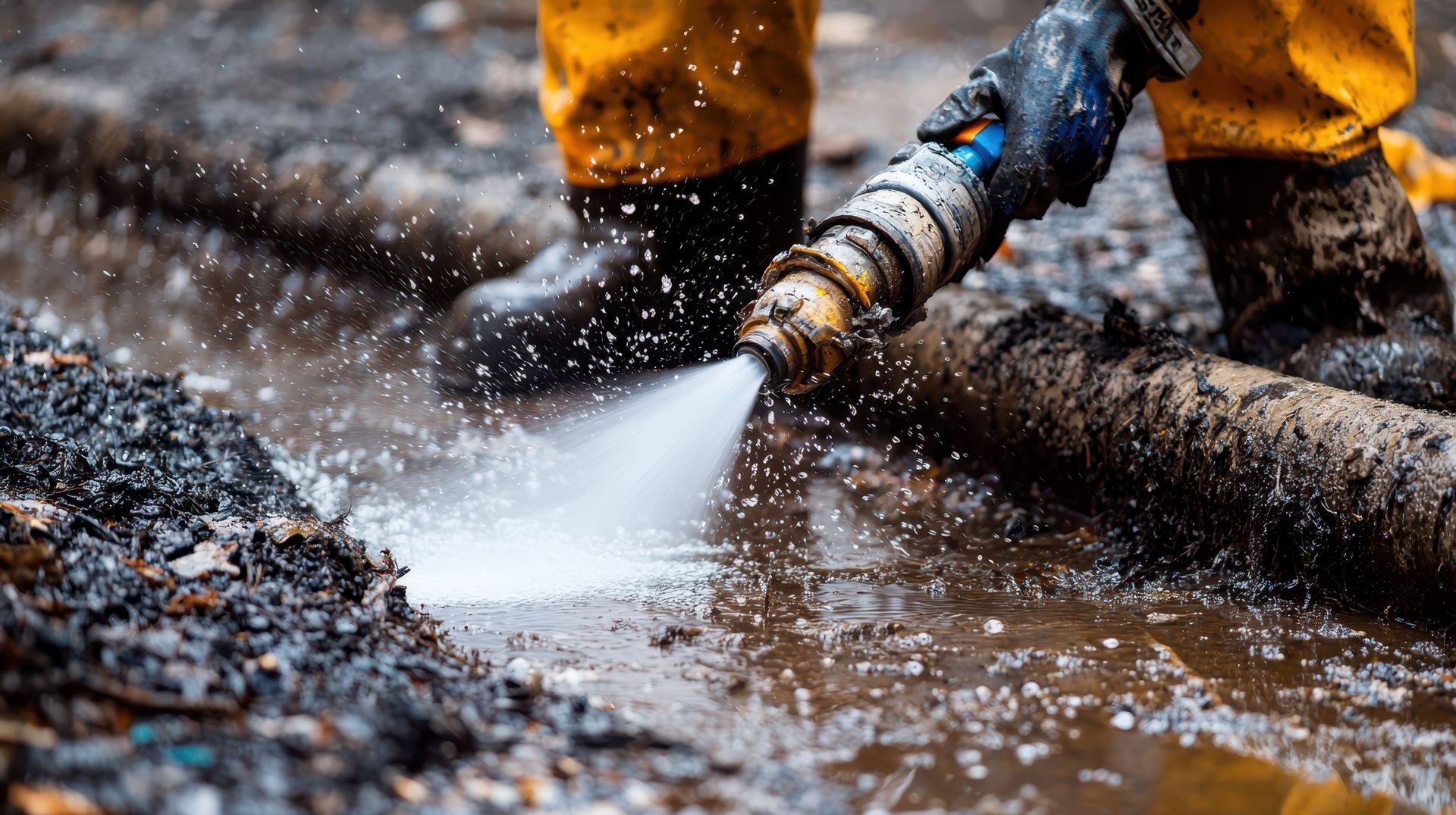 High pressure water jetting a blocked drain