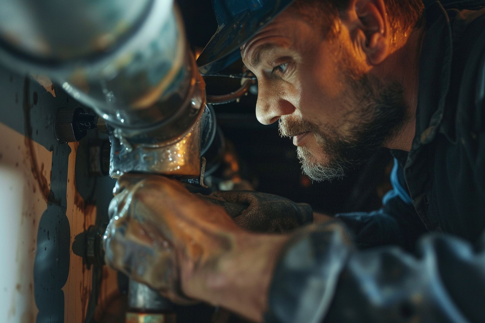 Technician inspecting a pipe for leaks